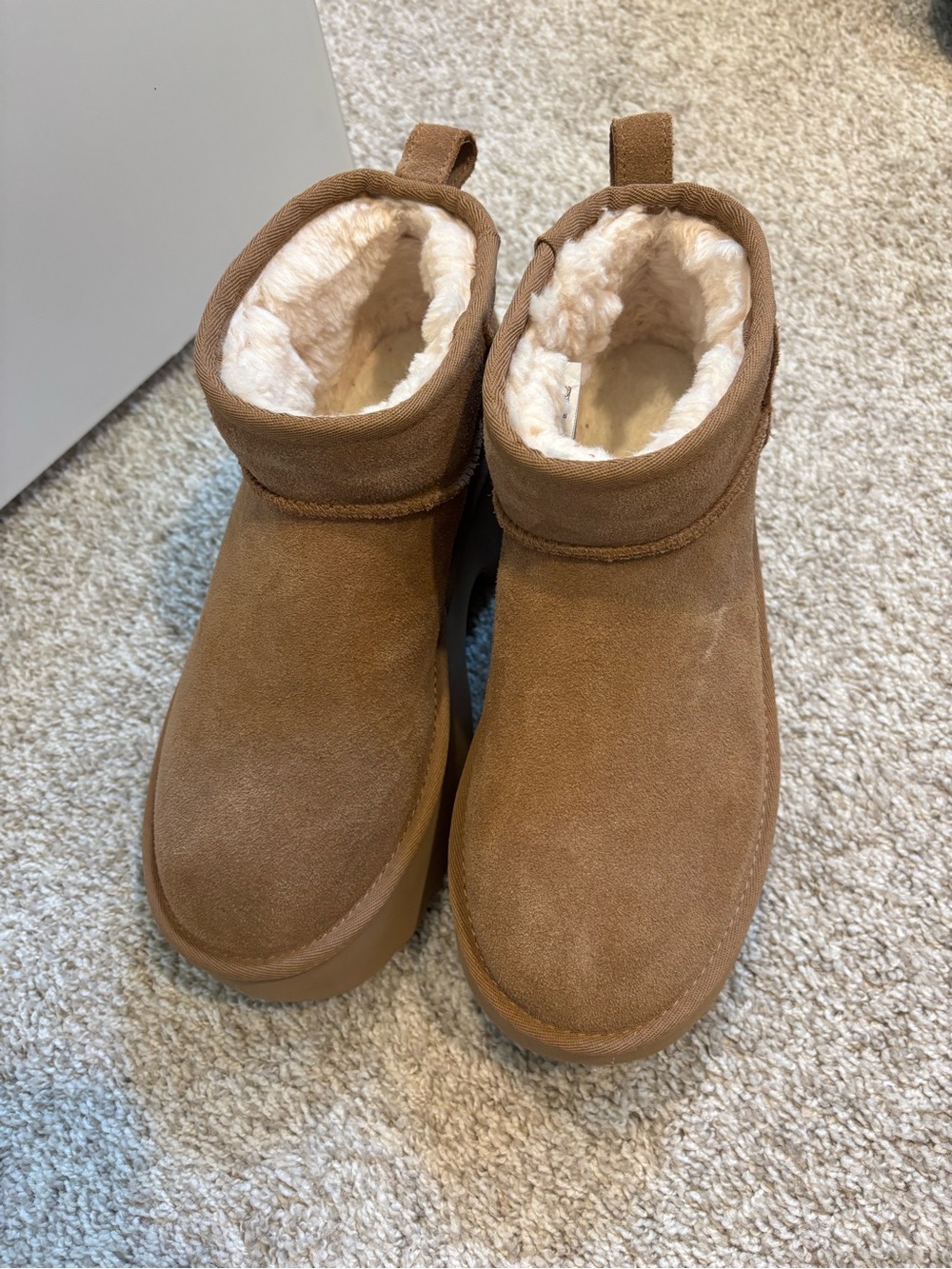 UGG Chestnut Suede Platform Shearling Ankle Boots